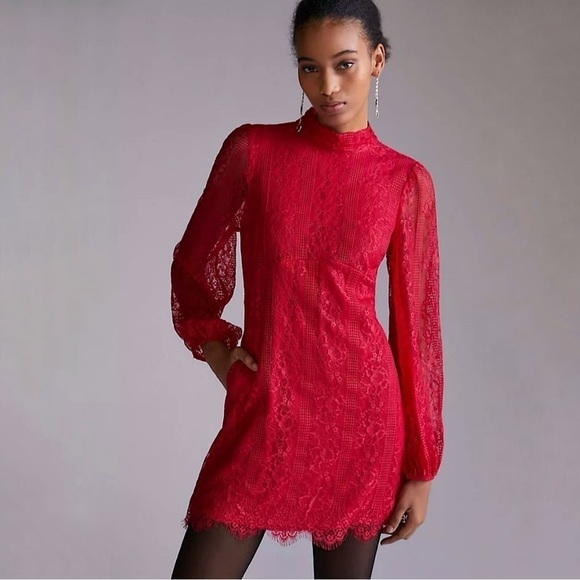 NWT Anthropologie Maeve Lace Open Back Mini Dress Raspberry Red 8 Medium - Picture 2 of 16